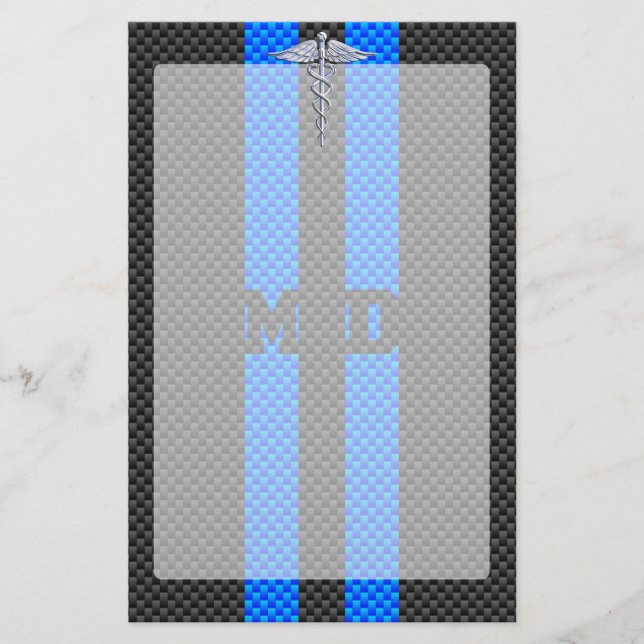 Medical Doctor MD Caduceus on Carbon Fibre Style Stationery (Front)