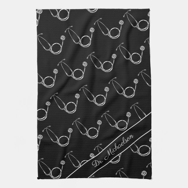 Medical Doctor Stethoscope Pattern Physician Name Kitchen Towel (Vertical)