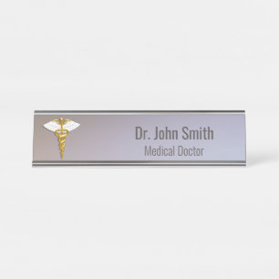 Medical Elegant Gold Caduceus White Wings Desk Name Plate