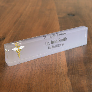 Medical Elegant Gold Caduceus White Wings Nameplate