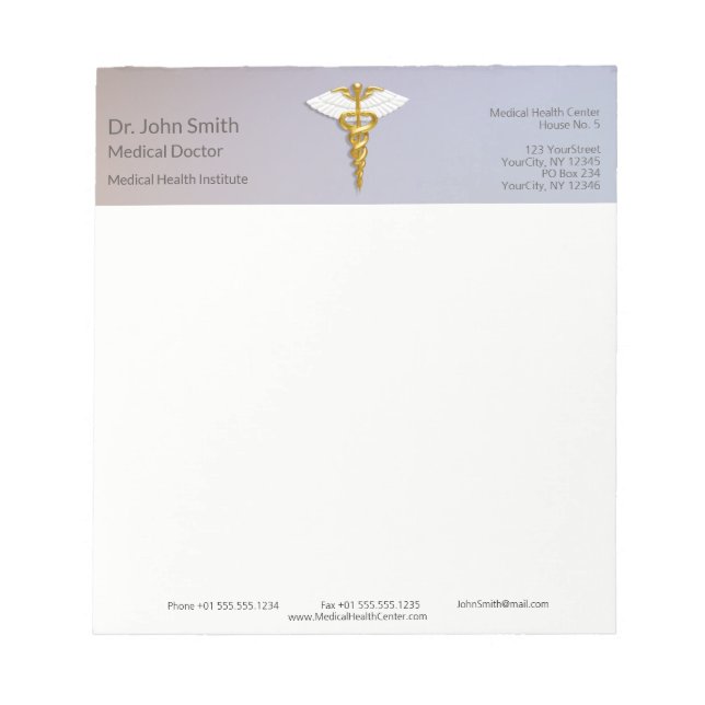 Medical Elegant Gold Caduceus White Wings Notepad (Front)