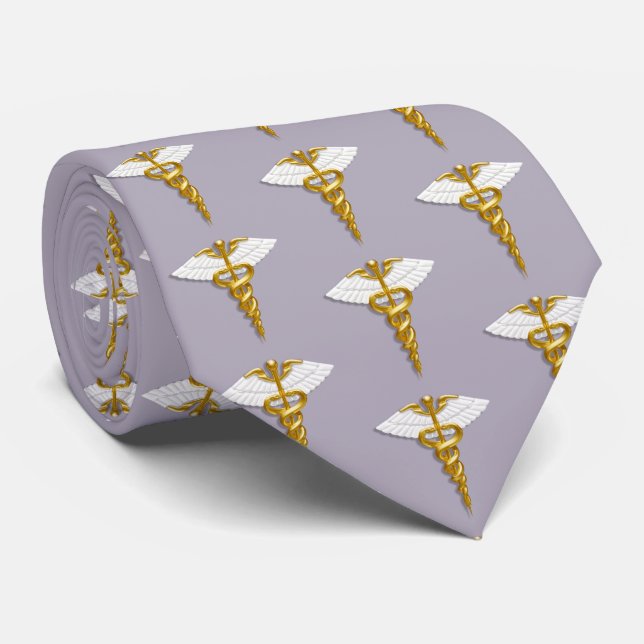 Medical Elegant Gold Caduceus White Wings Pattern Tie (Rolled)