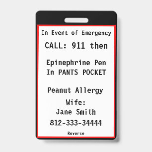 Medical Emergency Badge Tag Custom Information