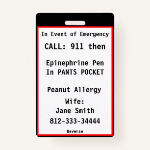 Medical Emergency Badge Tag Custom Information