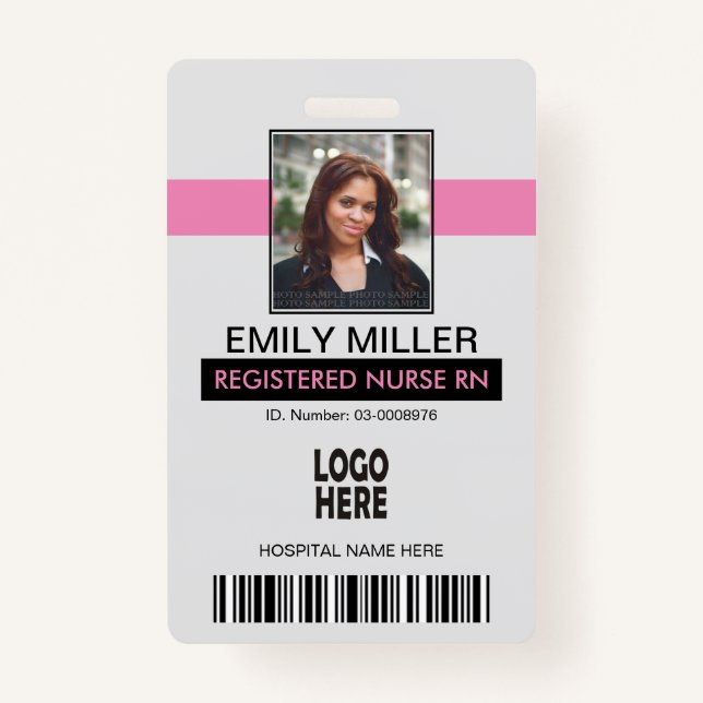 Medical employee id, logo pink photo template badge (Front)