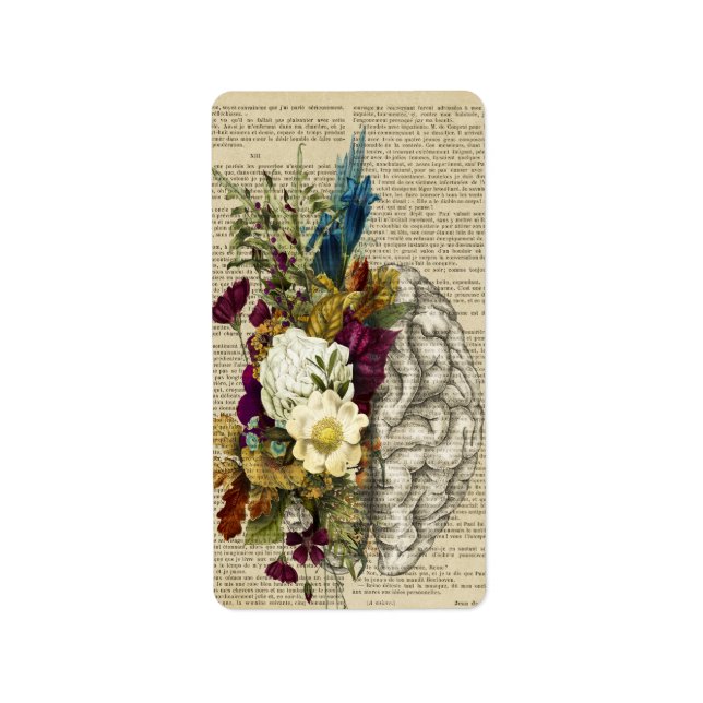medical floral brain anatomy poster label (Front)