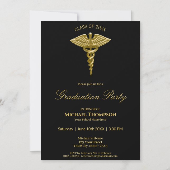 Medical Gold Caduceus Black Graduation Invitation (Front)