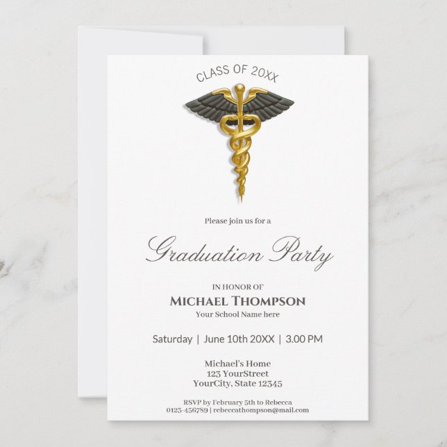 Medical Gold Caduceus Black Wings Graduation Invitation (Front)