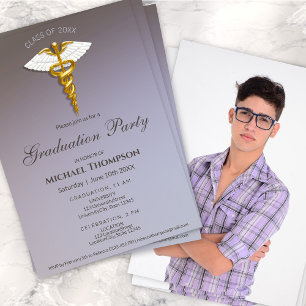Medical Gold Caduceus Graduation Party   Photo Invitation