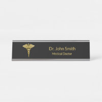 Medical Gold Caduceus on Black - Desk Name Plate