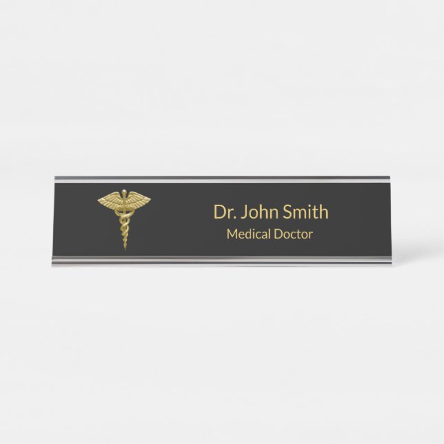 Medical Gold Caduceus on Black - Desk Name Plate (Front)