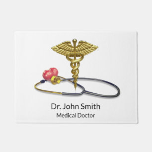 Medical Gold Caduceus & Stethoscope with Heart Doormat