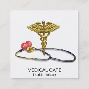 Medical Gold Caduceus & Stethoscope with Heart Square Business Card