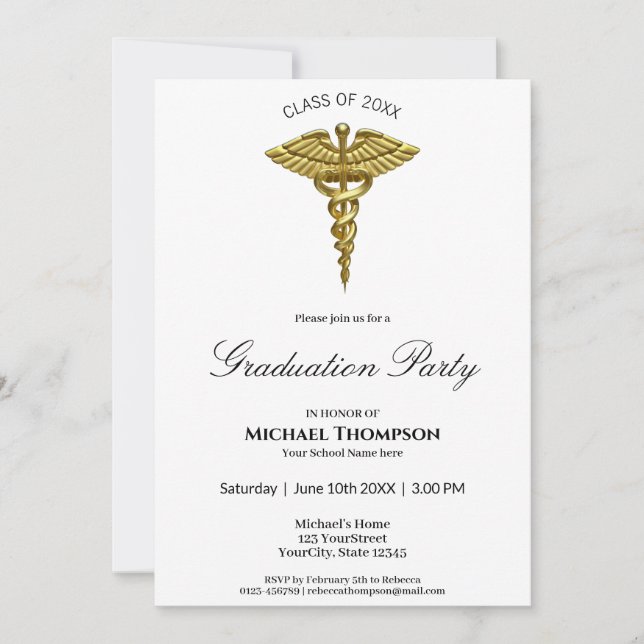 Medical Gold Caduceus White Graduation Invitation (Front)