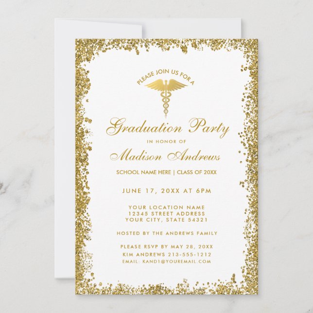 Medical Gold Glitter Graduation Party Invite (Front)
