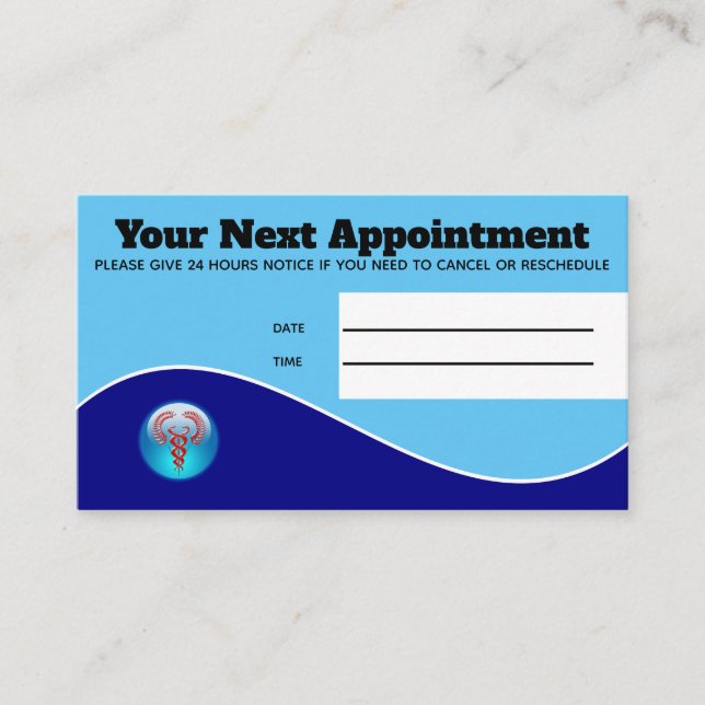 Medical hospital blue red caduceus patient appointment card (Front)