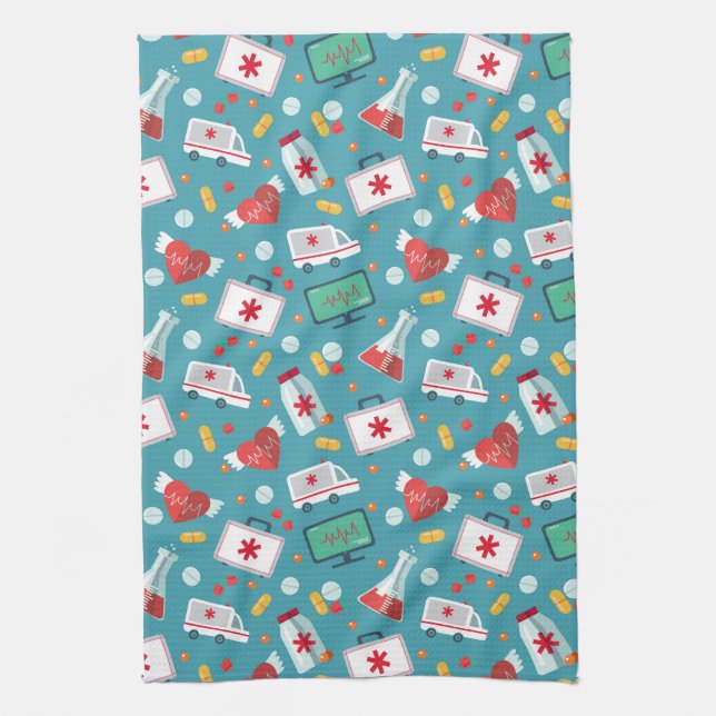 Medical Icon Pattern Kitchen Towel (Vertical)