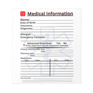 Medical Information Emergency Refrigerator Notepad