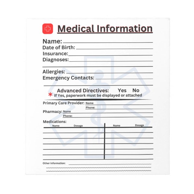 Medical Information Emergency Refrigerator Notepad (Front)