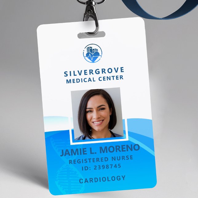 Medical Logo Healthcare Modern Blue Photo Nurse ID Badge (nurse id badge custom hospital clinic medical center office clinic dna blue logo photo qr code)