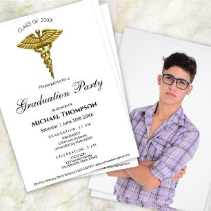 Medical Luxury Gold Caduceus Graduation   Photo Invitation