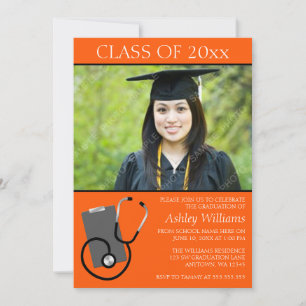 Medical Nursing School Orange Photo Graduation Invitation