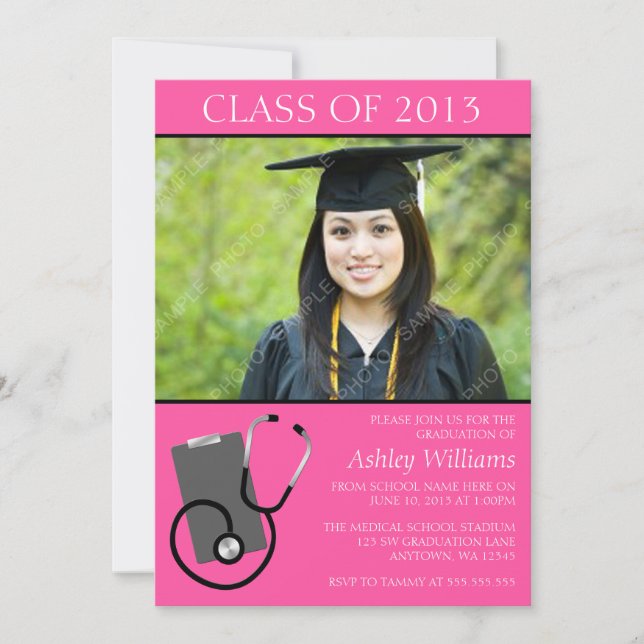 Medical Nursing School Pink Photo Graduation Invitation (Front)