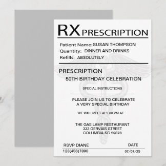 Medical Prescription Pad 50th Birthday Party  Invitation