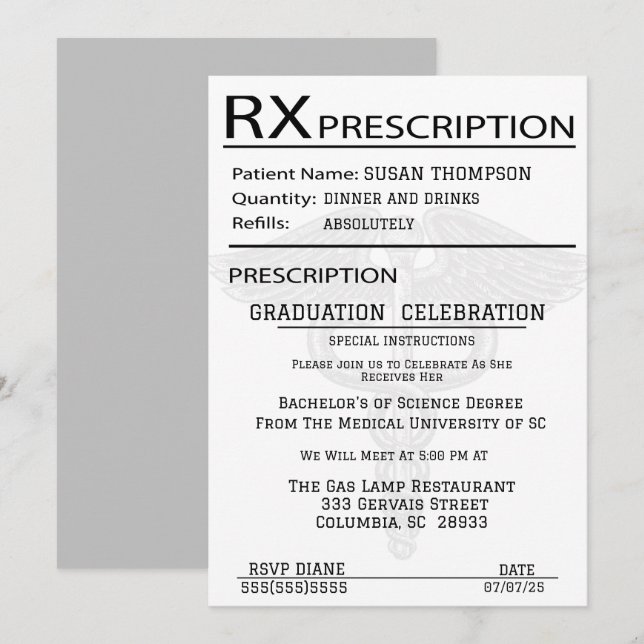 Medical Prescription Pad Graduation Party Invitation (Front/Back)