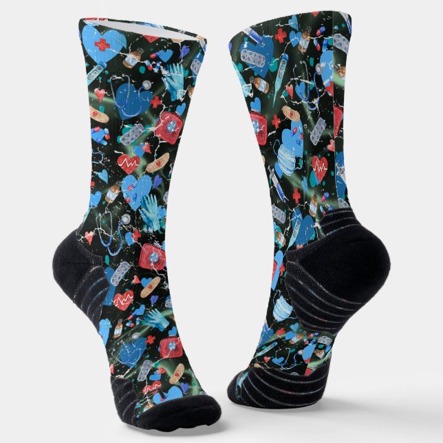 Medical Print on Black Background  Socks (Angled)