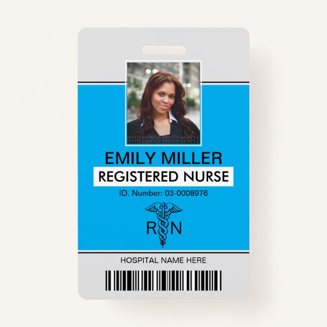 Medical RN employee caduceus blue photo template Badge (Front)