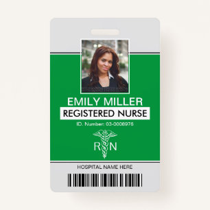 Medical RN employee caduceus green photo template Badge
