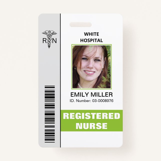 Medical RN employee caduceus lime photo template Badge (Front)
