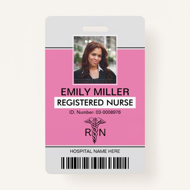 Medical RN employee caduceus pink photo template Badge (Front)
