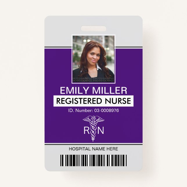 Medical RN employee caduceus purple photo template Badge (Front)