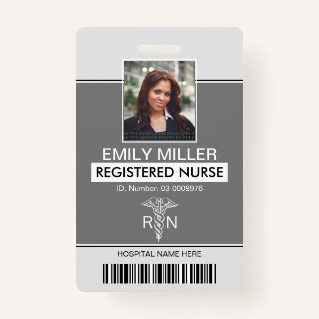 Medical RN employee classic grey photo template Badge (Front)