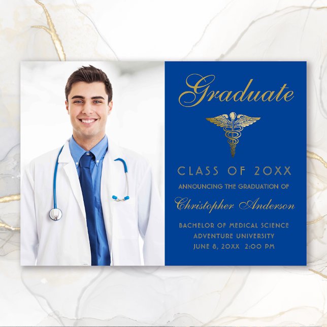 Medical Royal Blue Gold Caduceus Photo Graduation Announcement (Medical Royal Blue Gold Script Photo College Graduation Announcement)