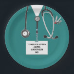 Medical School Graduation Paper Plate<br><div class="desc">Unique medical-themed design featuring hospital scrubs,  stethoscope,  and Swiss Army knife. Edit text to add doctor's name.</div>
