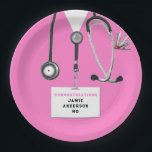 Medical School Graduation Party Paper Plate<br><div class="desc">Creative medical-themed doctor party plates featuring pink hospital scrubs, stethoscope and Swiss Army knife. Edit text to add doctor's name.</div>