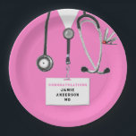 Medical School Graduation Party Paper Plate<br><div class="desc">Creative medical-themed doctor party plates featuring pink hospital scrubs,  stethoscope and Swiss Army knife. Edit text to add doctor's name.</div>
