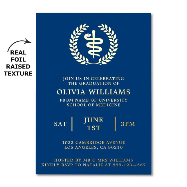 Medical School Navy Gold Graduation Party  (Elegant school of medicine graduation party invitation with real foil raised texture)