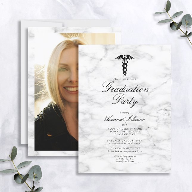Medical School White Marble Photo Graduation Invitation (Creator Uploaded)