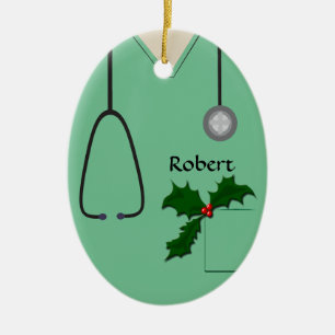 Medical Scrubs Light Green Holly Oval Ornament