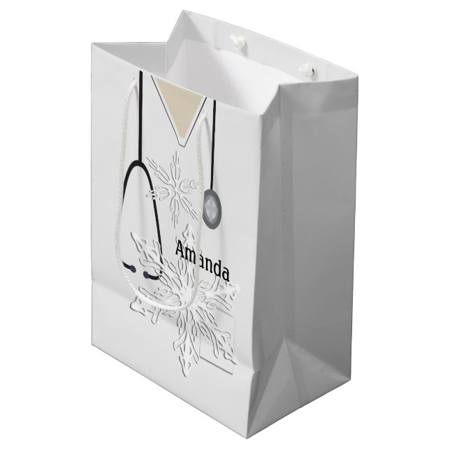 Medical Scrubs White Snowflake MGB Medium Gift Bag (Front Angled)