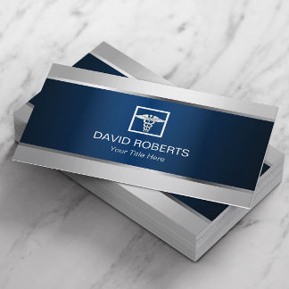 Medical Silver Border Elegant Navy Blue Metallic Business Card