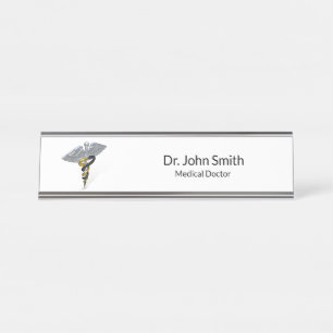 Medical Silver Caduceus Black Gold Desk Name Plate