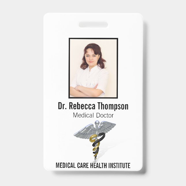 Medical Silver Caduceus Black Gold Photo ID Badge (Front)