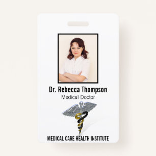 Medical Silver Caduceus Black Gold Photo ID Badge