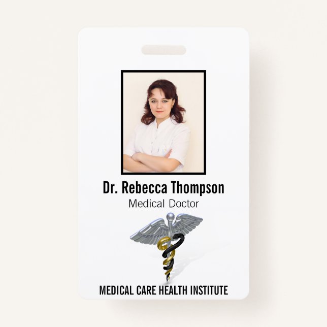 Medical Silver Caduceus Black Gold Photo ID Badge (Front)