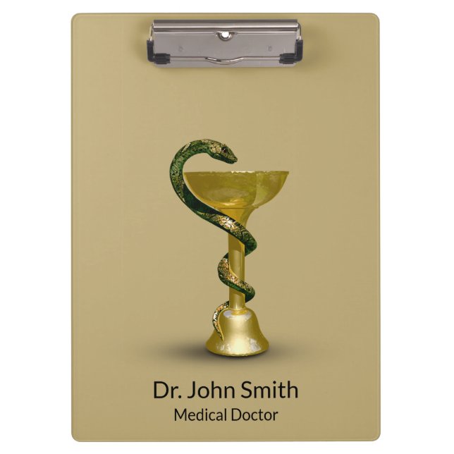 Medical Snake Bowl Hygieia Gold Caduceus Beige Clipboard (Front)